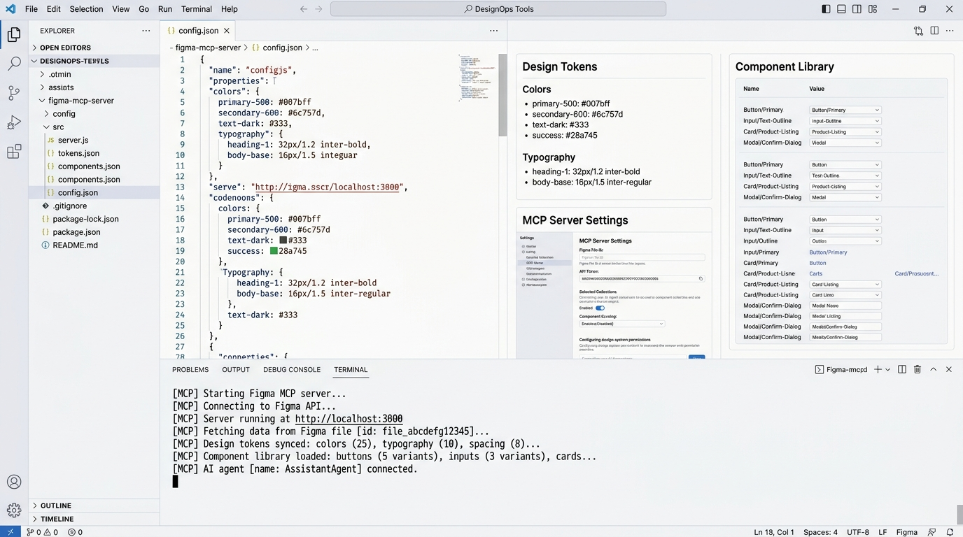 Screenshot of Figma MCP server being configured with design tokens & component library visible | Type: code interface screenshot | Placement: after paragraph ending "...now that AI agents can see them.