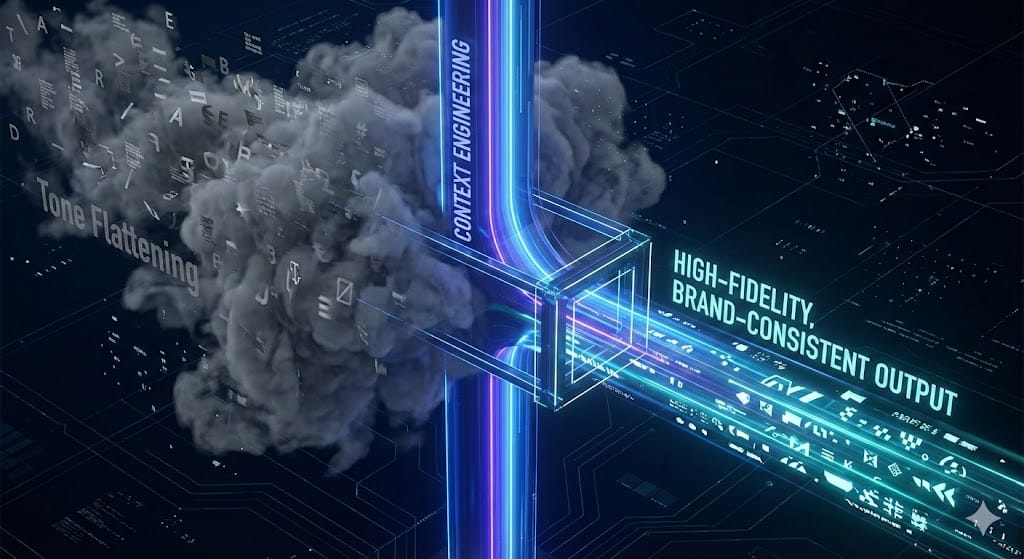 This image should visually represent the transition from chaotic, generic AI output to precise, brand-governed content, capturing the essence of Context Engineering